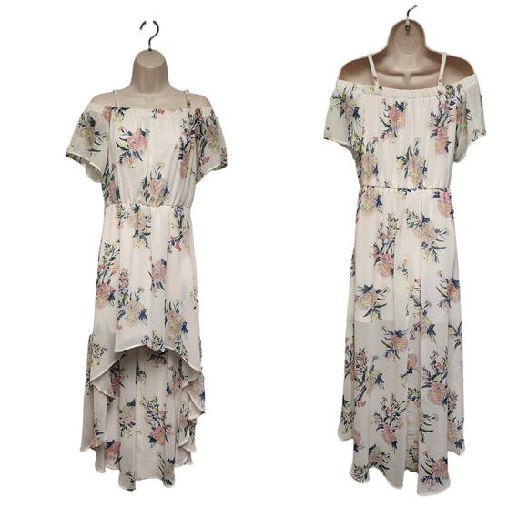 As U Wish Lo-Hi Multicolor Cold Shoulder Shiffon Floral  Dress Size Medium - Picture 1 of 7
